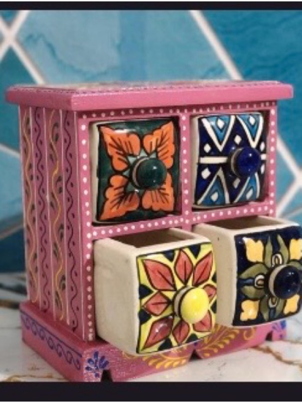 Hand-Painted Mini Ceramic Drawer Chest - Pink Floral Tiles